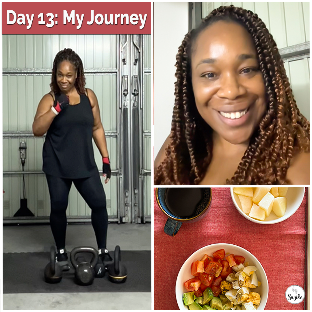 Weight loss journey collage: woman smiling after her kettlebell workout, standing confidently in her home gym wearing black fitness clothes, and a healthy breakfast.