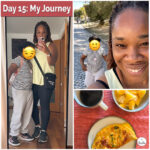 Day 15 of my weight loss journey — morning walk with my daughter, smiles after the workout, and a healthy breakfast with an omelette, orange pieces, and black coffee.