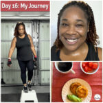 Day 16 of my weight loss journey — full-body kettlebell and step workout, post-workout smile, and a healthy breakfast of egg muffins, avocado, watermelon, and black coffee.