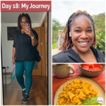 Day 18 of my weight loss journey — mirror selfie before workout, post-workout smile outdoors, and healthy breakfast with scrambled eggs, avocado, coffee, and watermelon on BySuzike Bites.