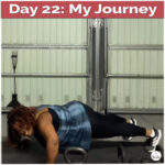 Suzike Mendes performing push-ups during upper body workout at her home gym, wearing a blue top and black leggings — part of her Dream Pyramid fitness journey focused on discipline, consistency, and progress.