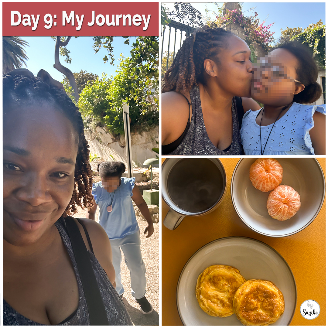 Day 9 of my weight loss journey: outdoor walk with my daughter, sharing a kiss, and breakfast of egg muffins with clementines and coffee