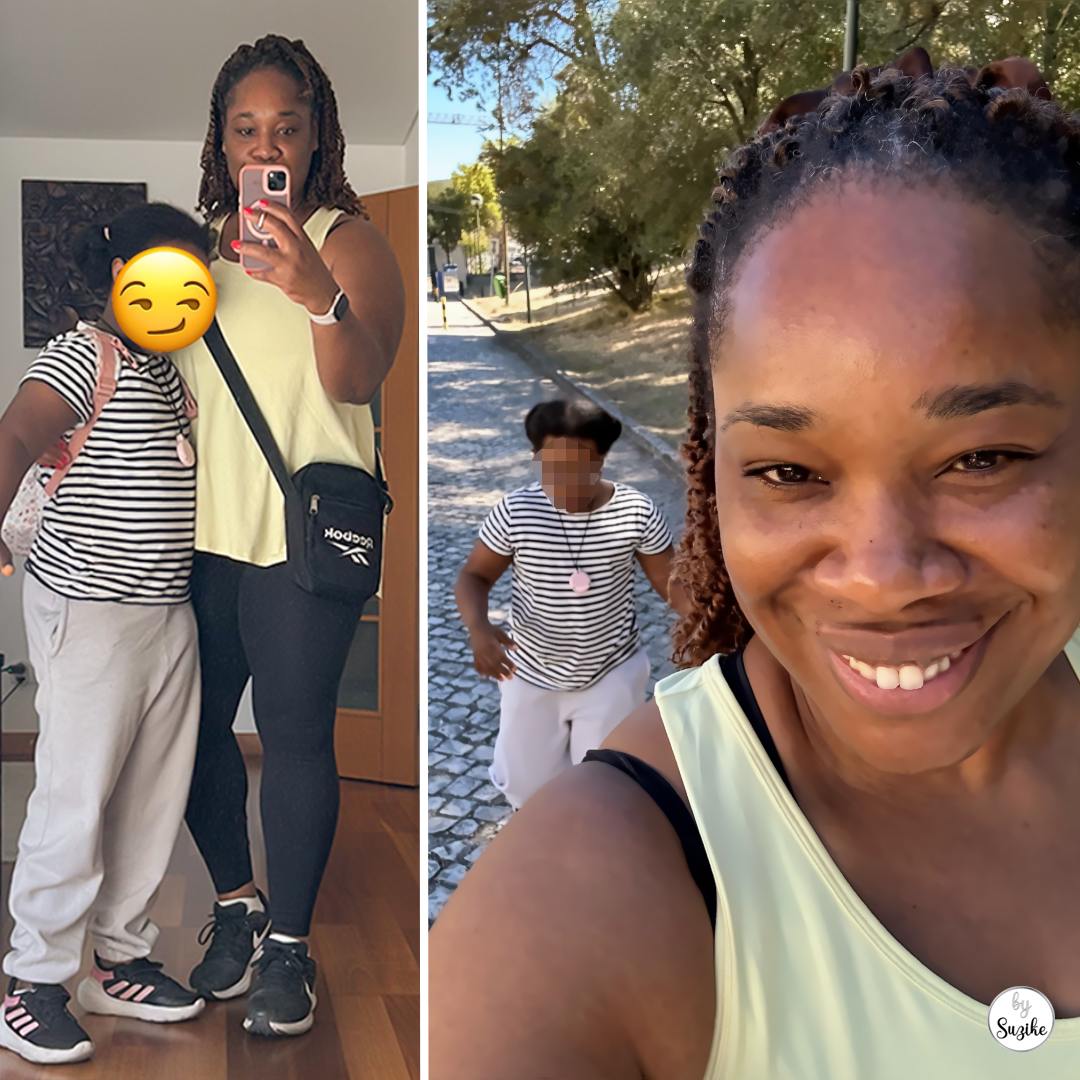 Mother and daughter during a simple walking after 40 routine in Lisbon, with an indoor getting-ready moment and an outdoor sunny walk.