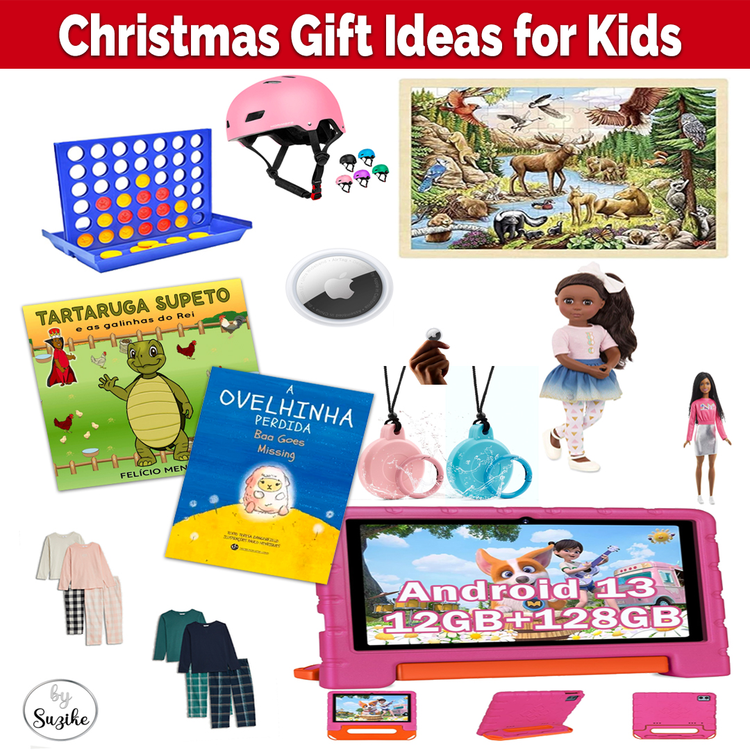 Christmas gift ideas for kids collage with toys, books, tablet, puzzle and accessories