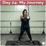 Suzike doing a full body kettlebell workout in her home gym, smiling and focused — Day 24 of her Dream Pyramid fitness and weight loss journey.