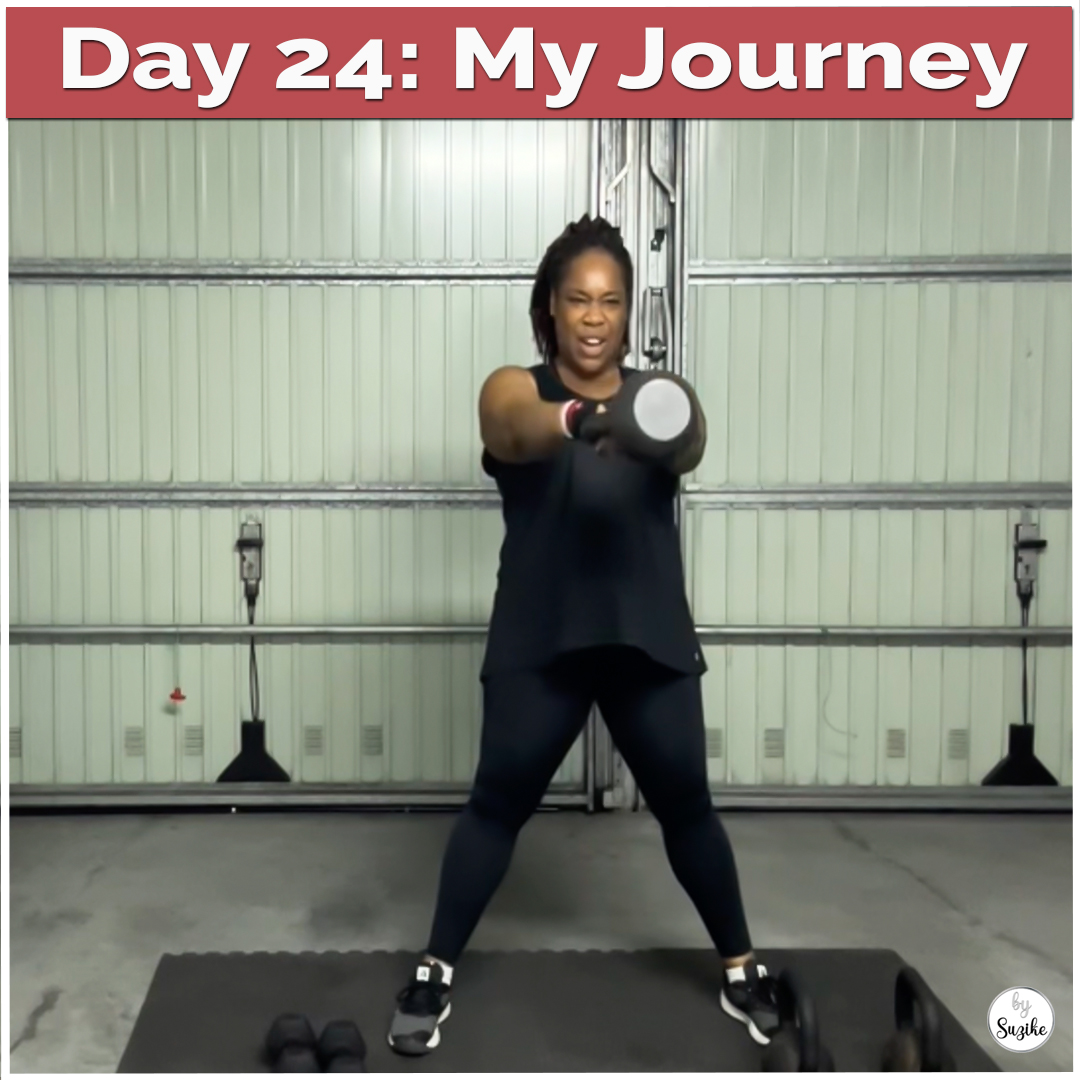 Suzike doing a full body kettlebell workout in her home gym, smiling and focused — Day 24 of her Dream Pyramid fitness and weight loss journey.