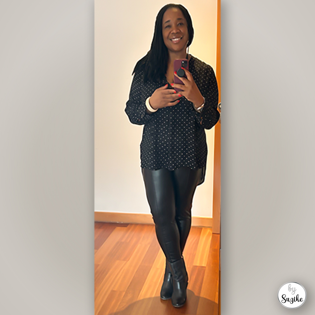 Casual winter outfit with black top, leather leggings and Fly London boots in a real-life mirror look
