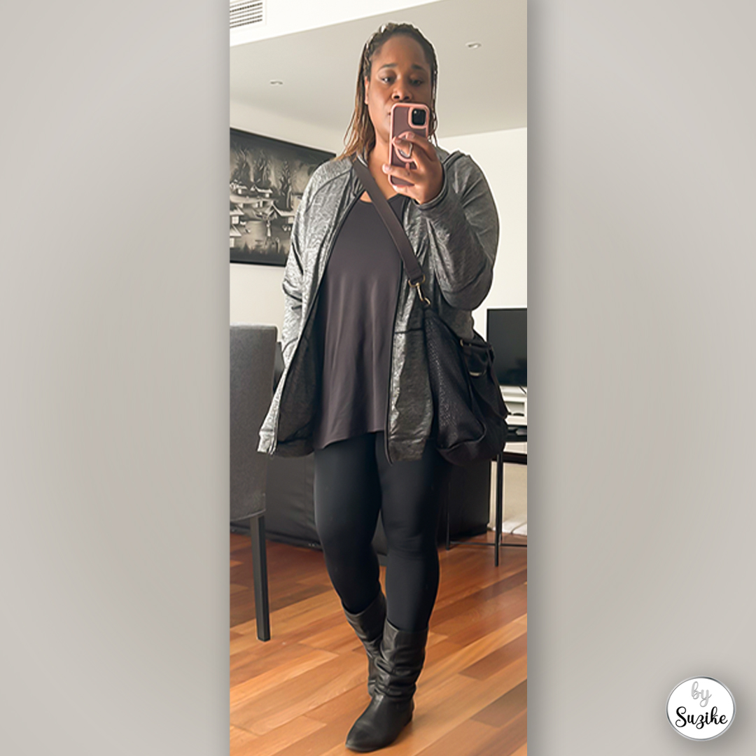 Quick grocery run outfit with long black top, grey jacket, black leggings, black boots and Kipling crossbody bag – BySuzike real-life style