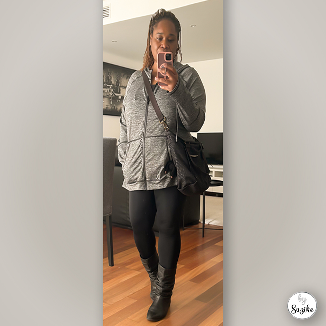 Quick errand day outfit with grey zip-up jacket, black leggings, black boots and Kipling crossbody bag – BySuzike real-life fashion look