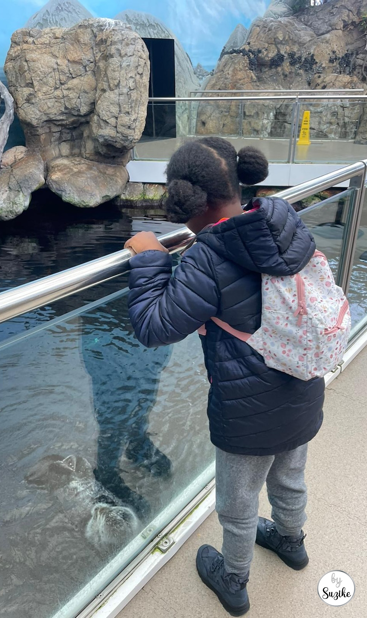 Outdoor area of the Lisbon Oceanarium where kids enjoy penguins and otters