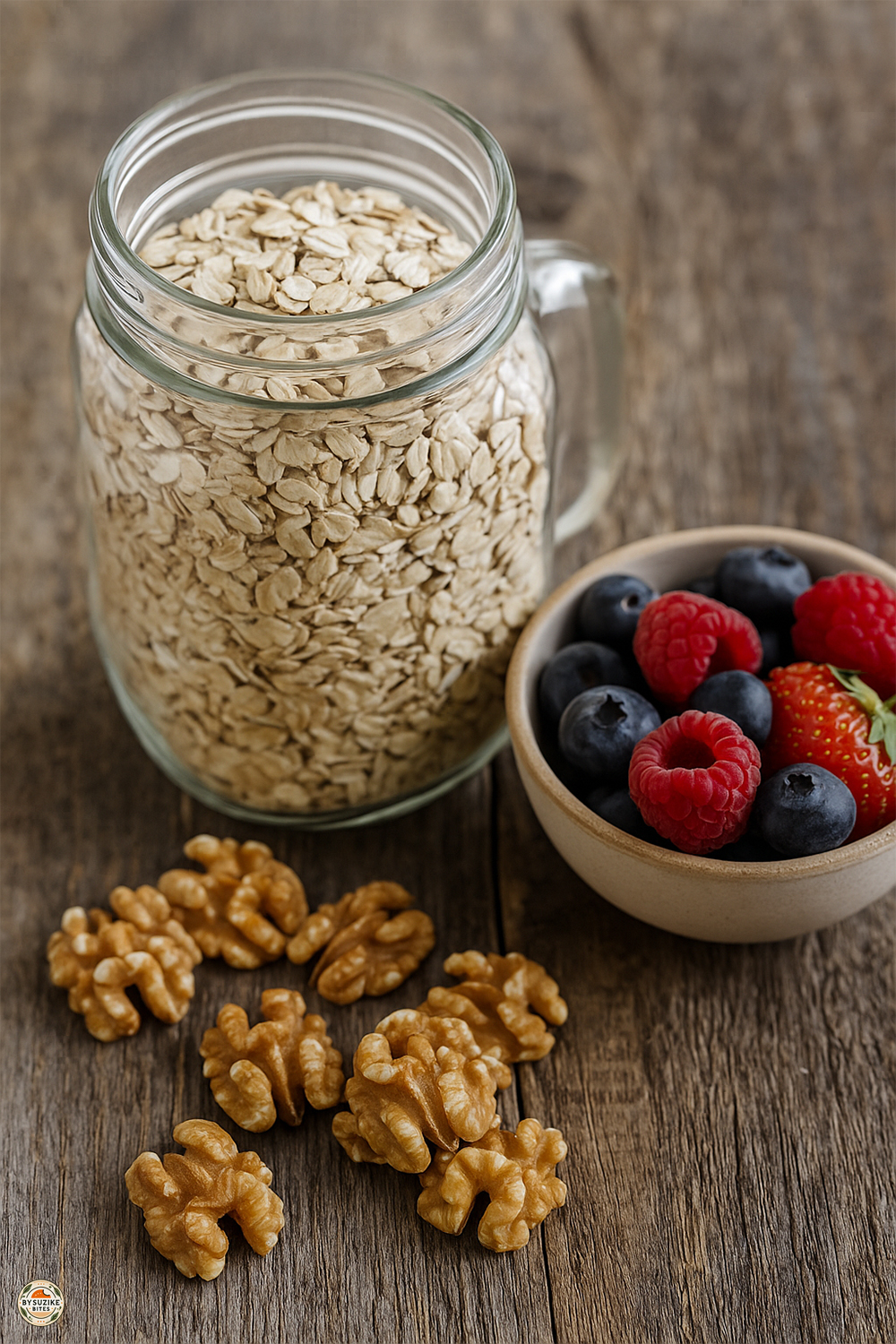 A glass jar of rolled oats, a small bowl of mixed berries, and shelled walnuts on a rustic wooden table — perfect for anti-inflammatory breakfast.