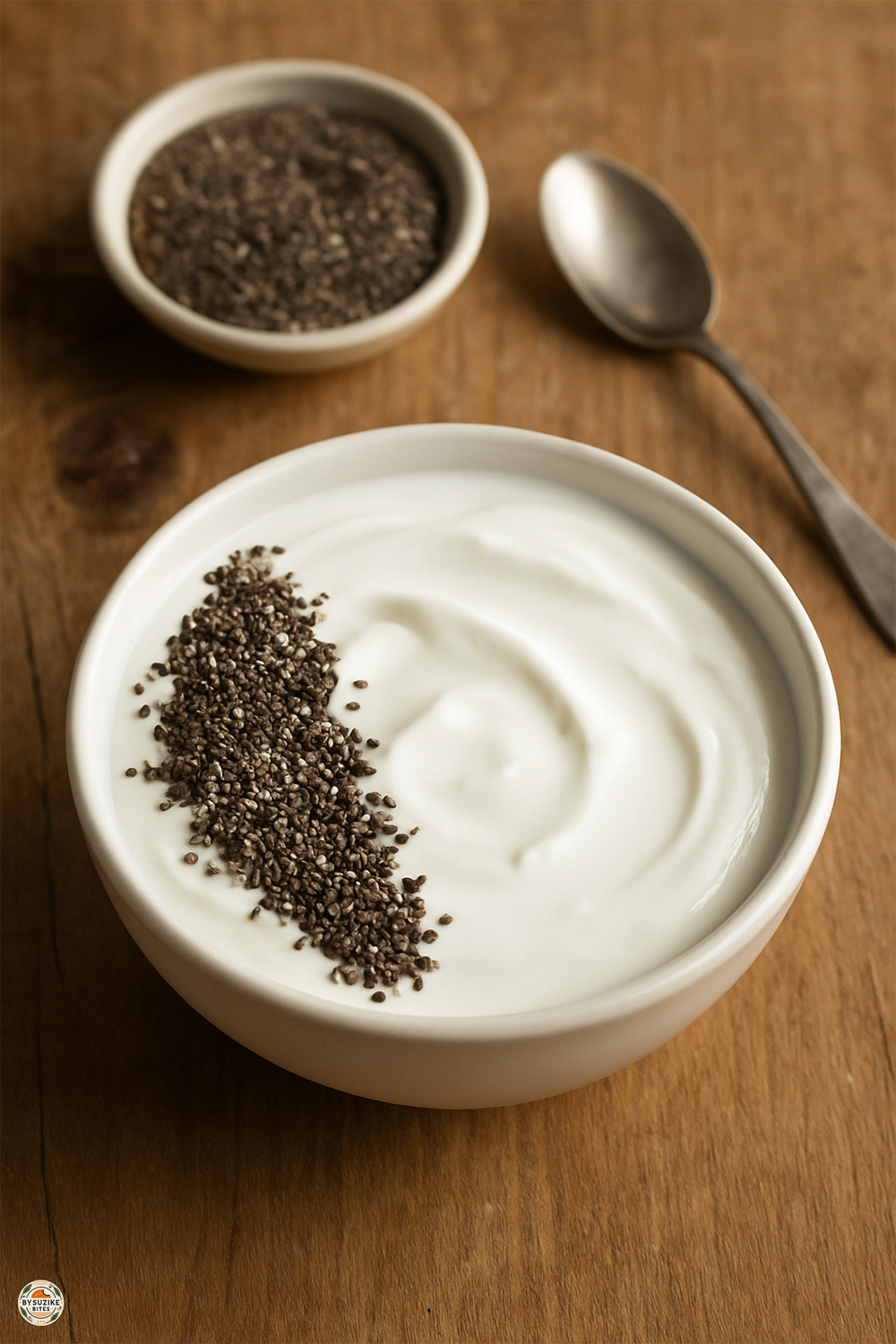 A bowl of plain yogurt topped with chia seeds, with a small dish of chia seeds and a spoon nearby.