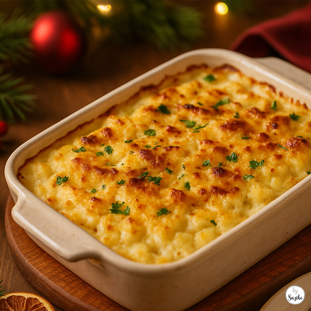 Portuguese Bacalhau com Natas baked with golden crust, served in a festive Christmas setting.