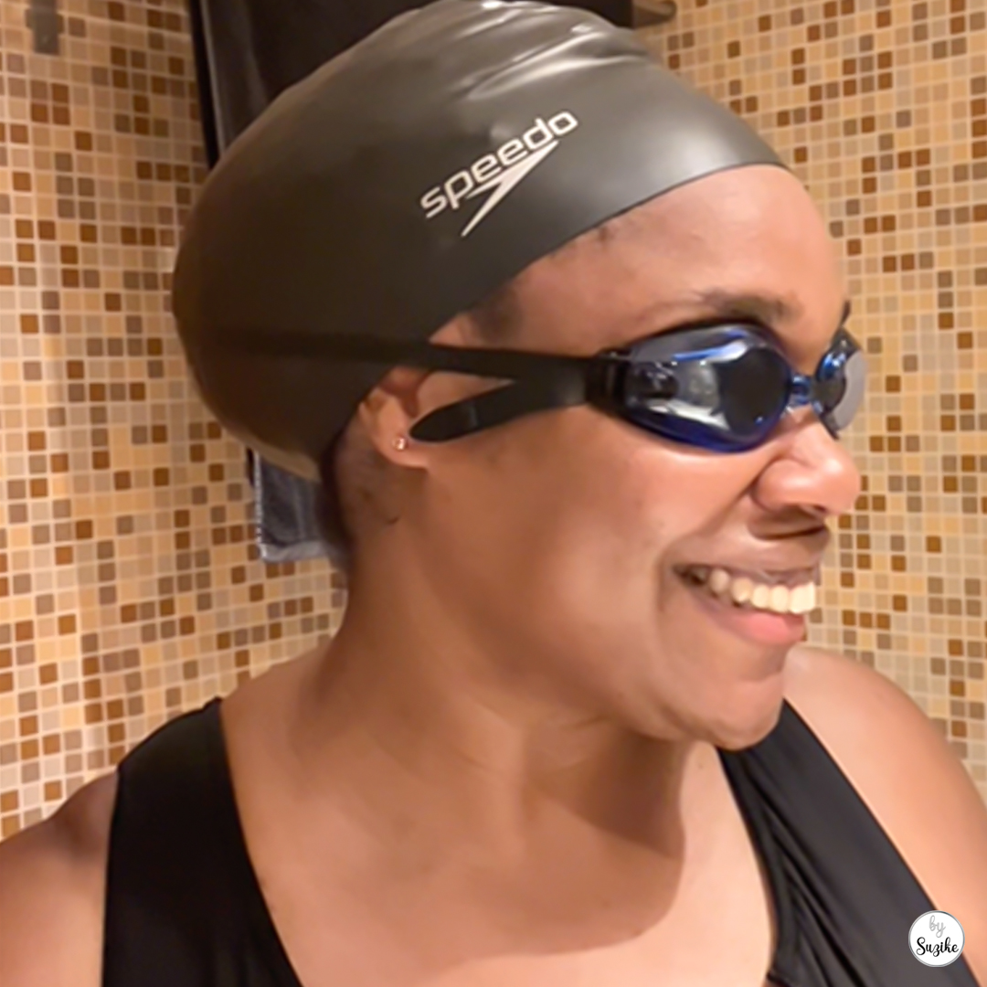 Mom getting ready for the Dream Pyramid Day 29 swimming test with cap and goggles