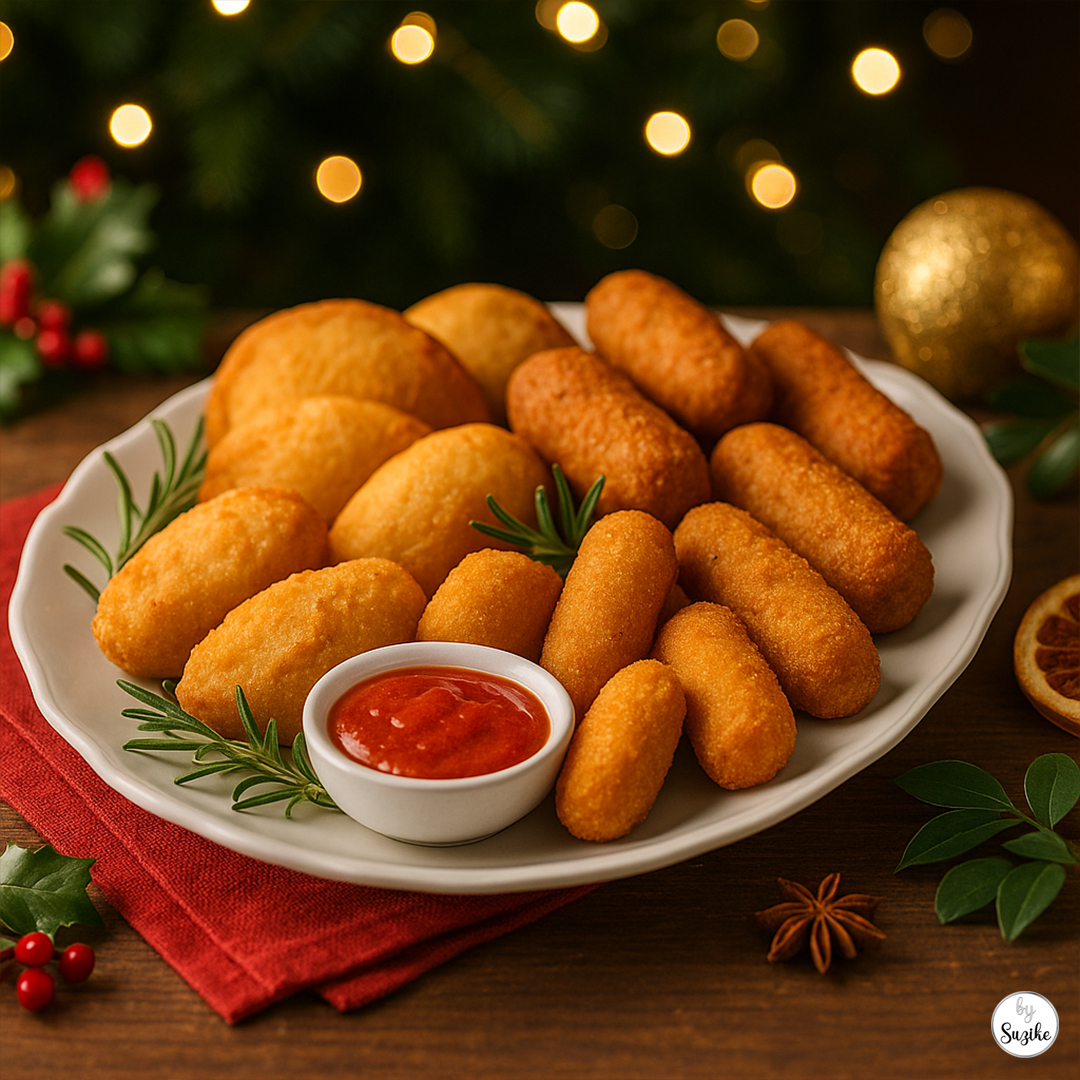 Assorted Portuguese Christmas salgados including rissóis, croquettes and pastéis on a festive platter.
