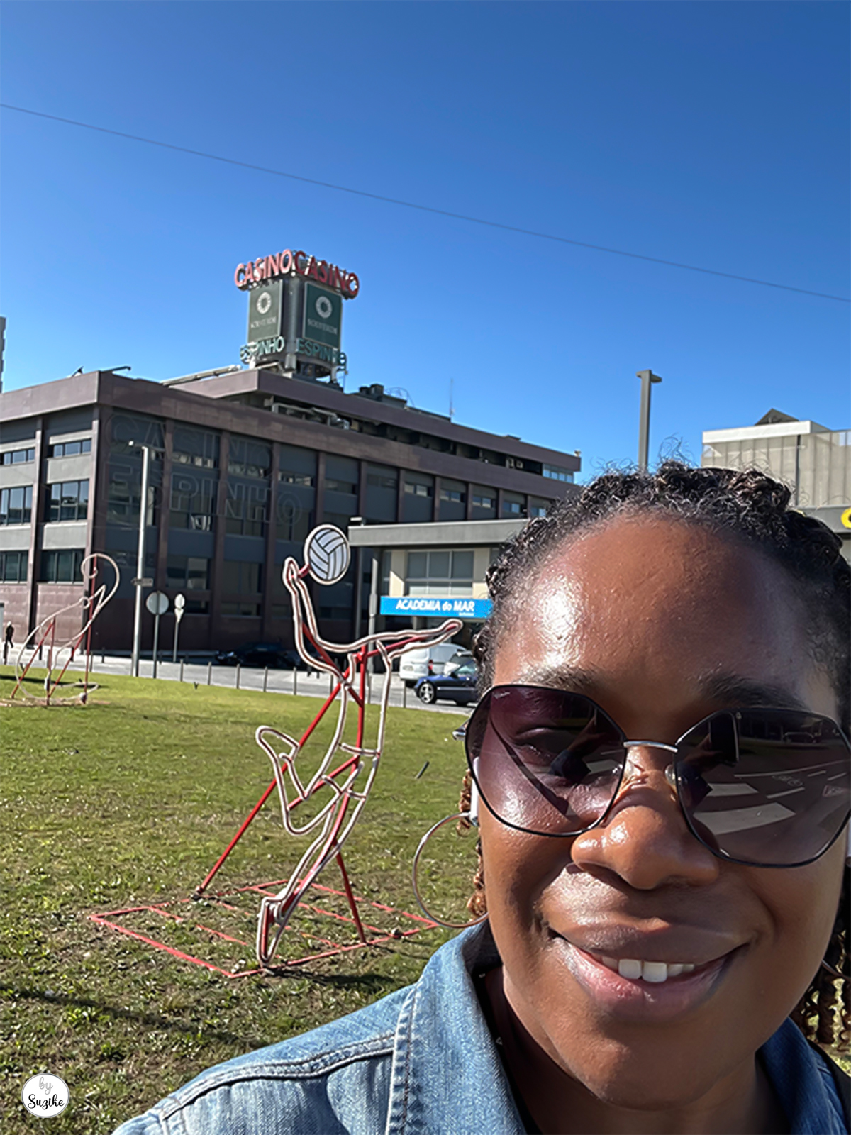 Espinho city walk on a sunny winter day, smiling selfie during the city visit