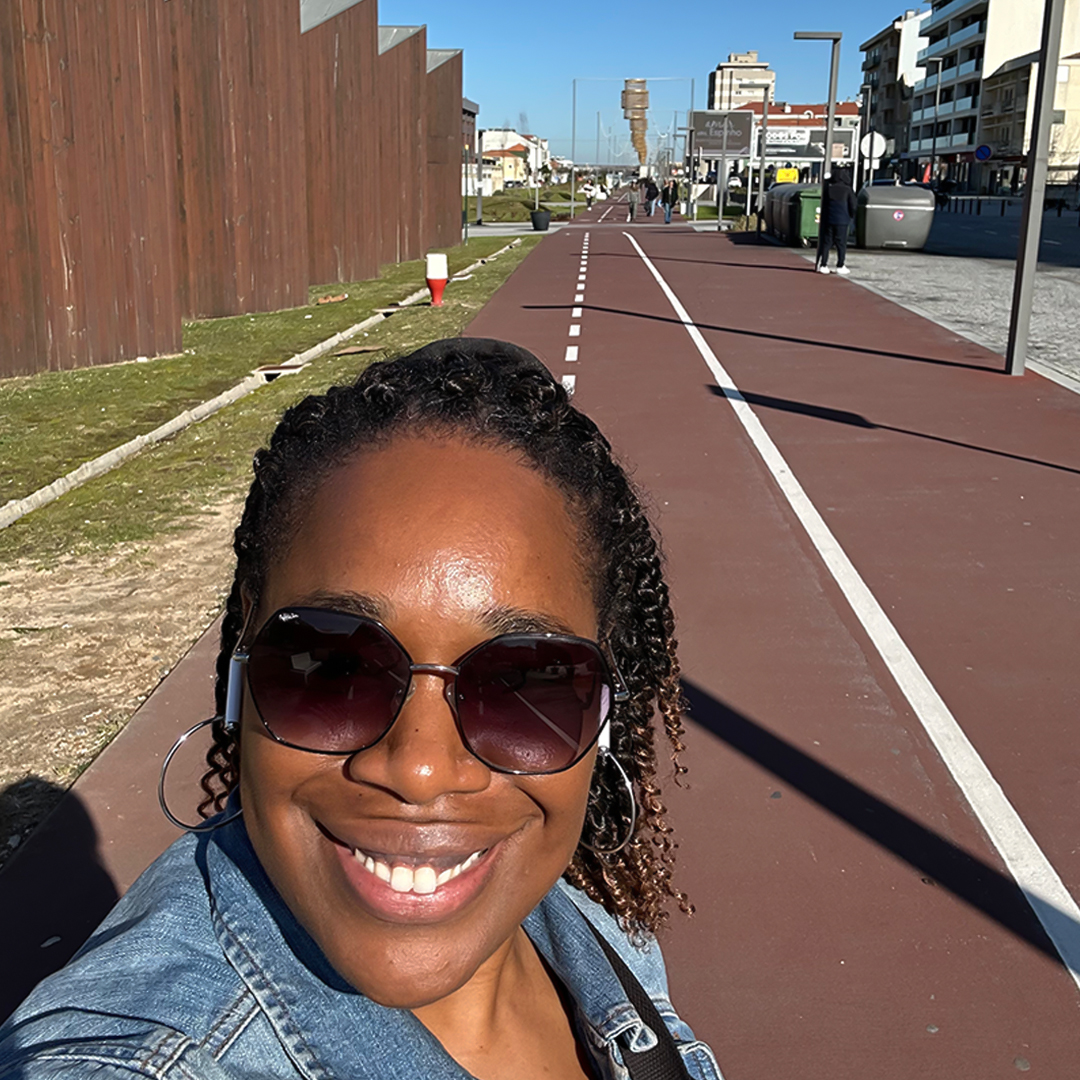 Espinho city walk on a sunny winter day, smiling selfie during the city visit