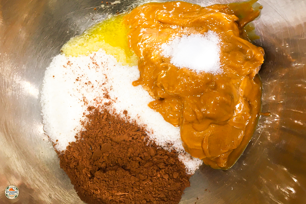 Keto no bake cookie ingredients in a mixing bowl before mixing