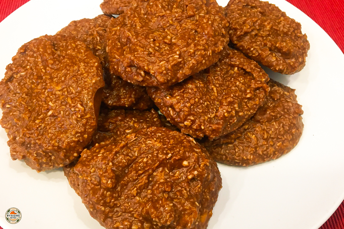 Keto no bake cookies stacked on a plate close up