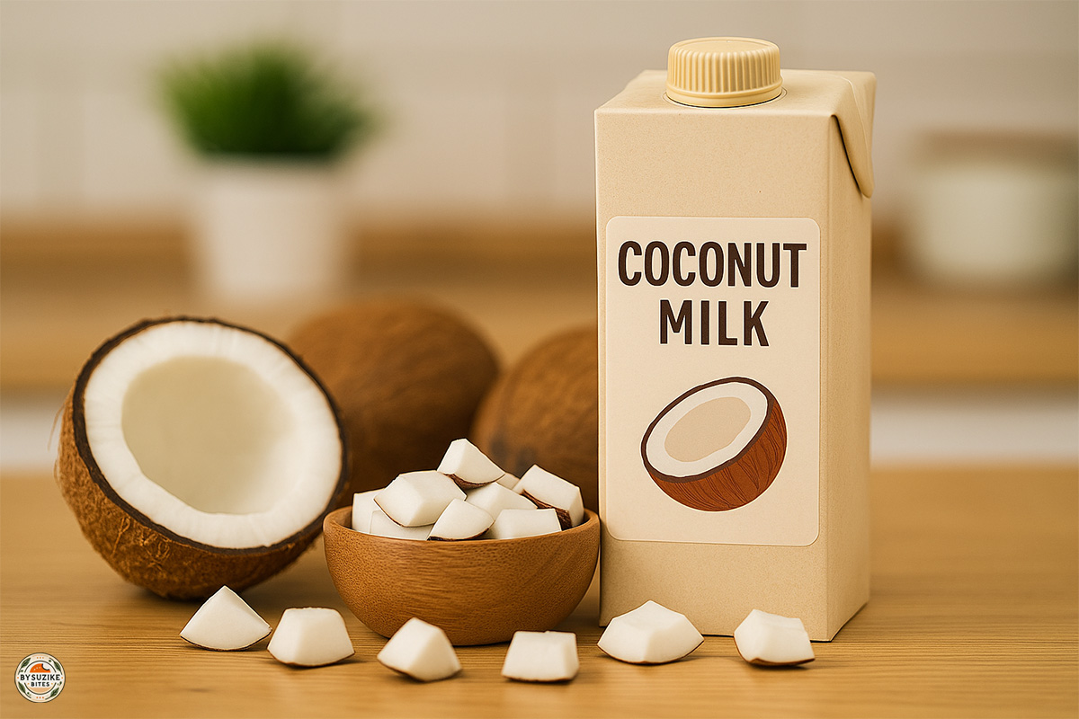 Is Coconut milk low carb benefits, carton coconut milk with coconut pieces on a kitchen counter