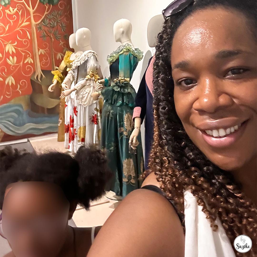 Selfie inside the costume gallery with displays behind us at Monteiro Mor Park and Theatre Museum.