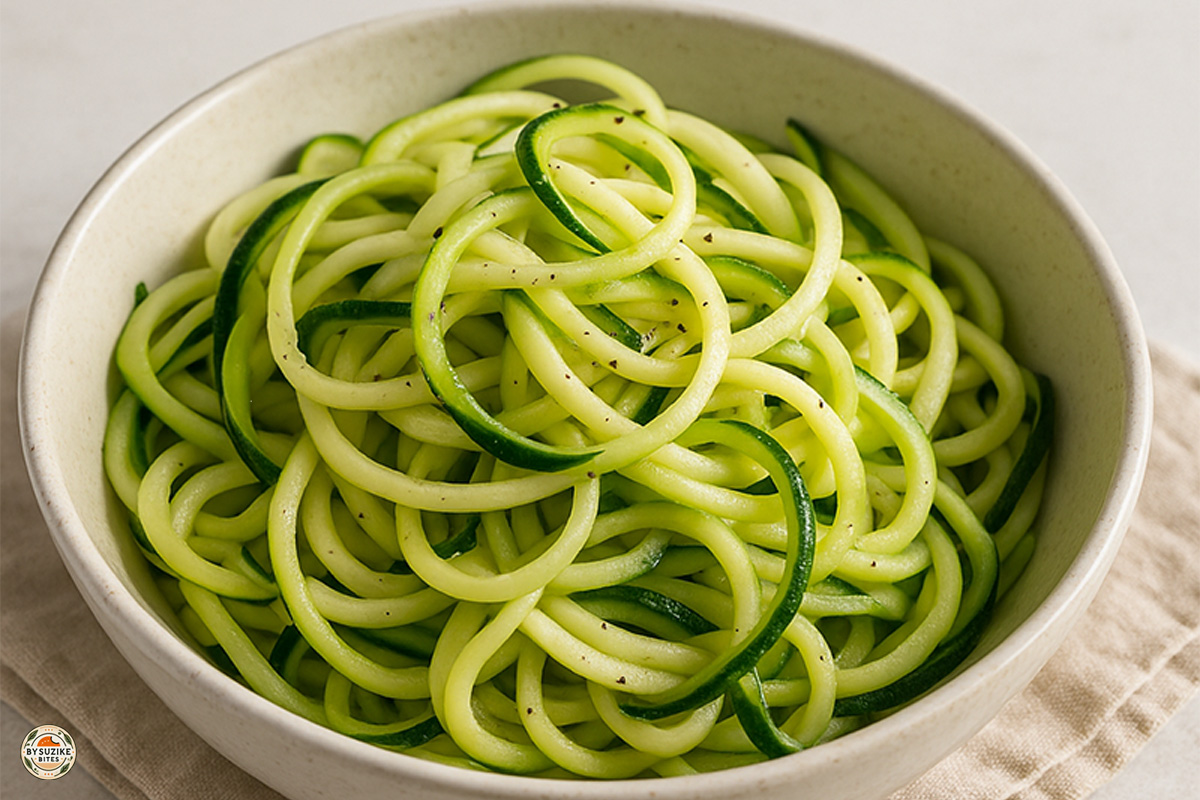 Zucchini for low carb meals, zoodles in a bowl as a pasta alternative