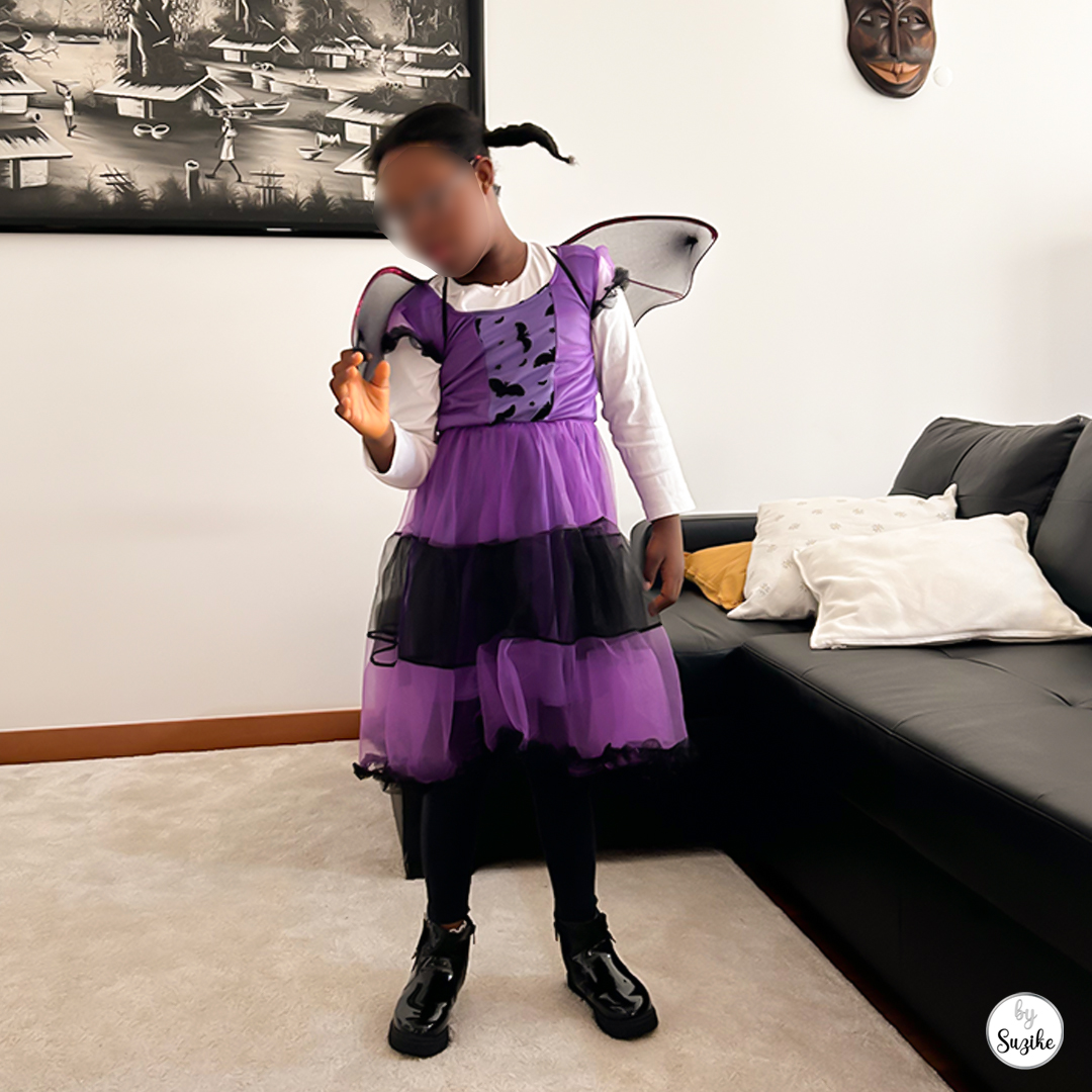 Bat costume for girls real-life fit photo, full outfit with tutu dress, wings and boots.