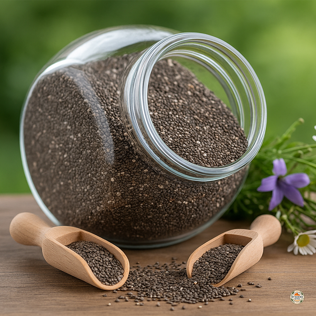 Chia seeds on low carb benefits, chia seeds in a glass jar on a table.