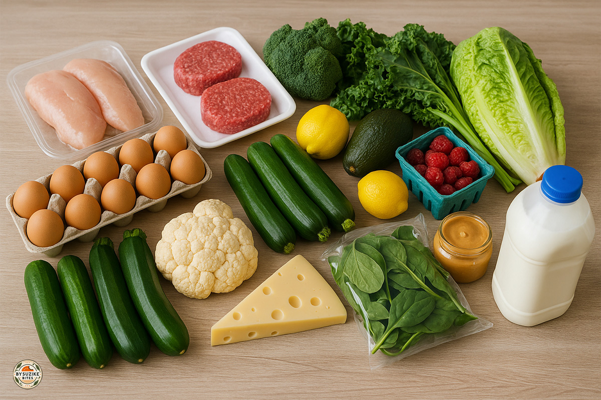 Eat healthy when tired and busy with an easy grocery list including eggs, chicken, leafy greens, cucumbers, avocado, cheese, berries, and simple proteins.