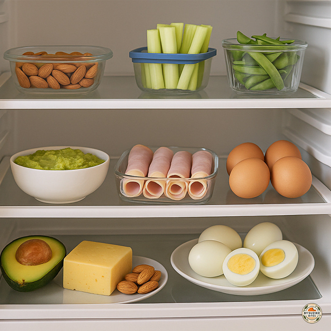 Eat healthy when tired and busy with simple fridge snack ideas like boiled eggs, cheese, avocado, deli meat, nuts, and veggie sticks.