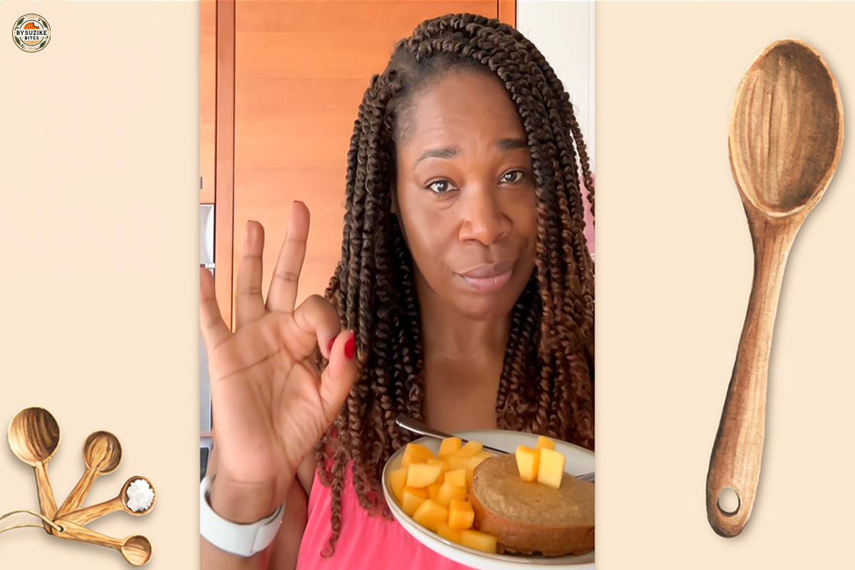 Taste test moment of fluffy banana oat cake after baking.