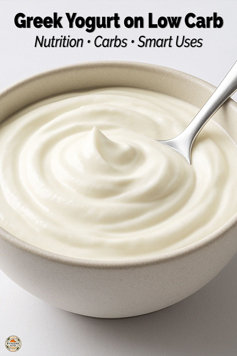 Is Greek Yogurt Low Carb? Plain Greek yogurt in a bowl, a high protein low carb staple. Pin