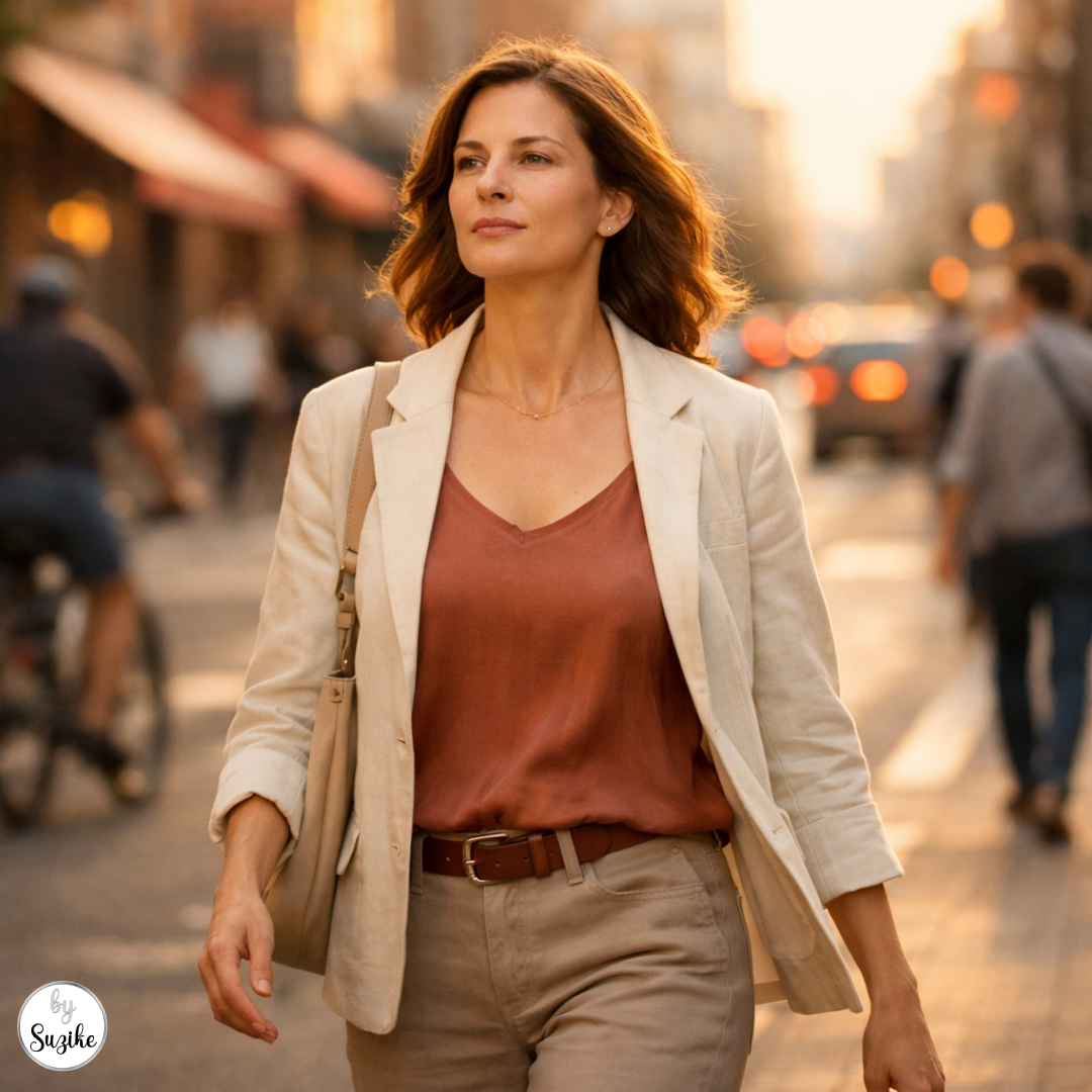 Confident woman in her 40s walking alone in the city with calm expression for a post about how to make a man regret losing you