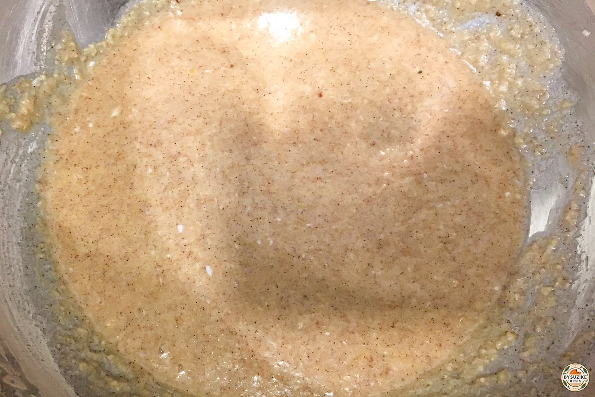 Keto cinnamon donut batter mixed in a bowl, ready to pipe into the pan