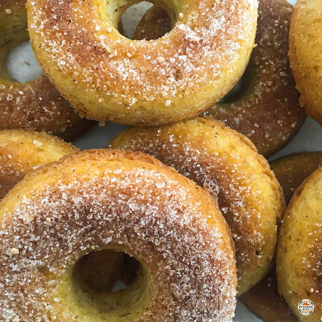 Close up of keto cinnamon donuts coated with cinnamon sweetener thumbnail