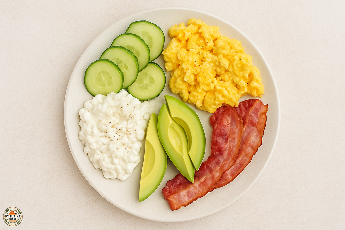 Lazy Low Carb Spring breakfast plate with scrambled eggs, avocado, bacon, cucumber slices and a scoop of soft white cheese.