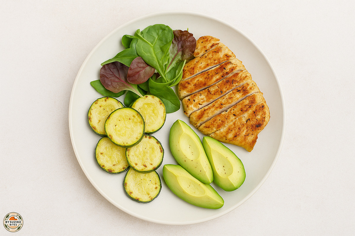 Lazy Low Carb Spring dinner plate with grilled protein, zucchini slices, avocado and leafy greens.