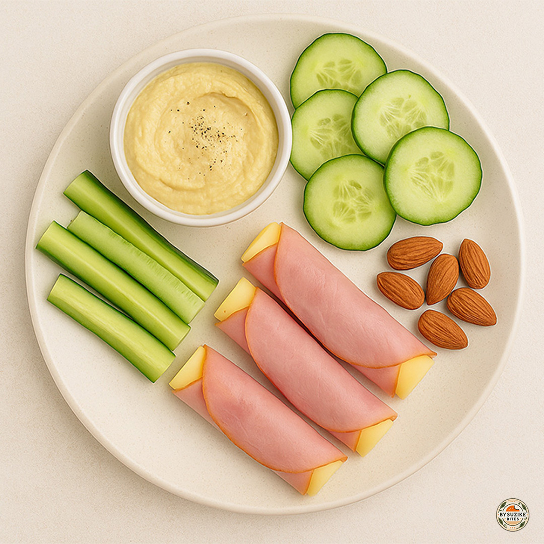 Lazy Low Carb Spring snack plate with cucumber slices, celery sticks, deli roll ups, nuts and a creamy dip.