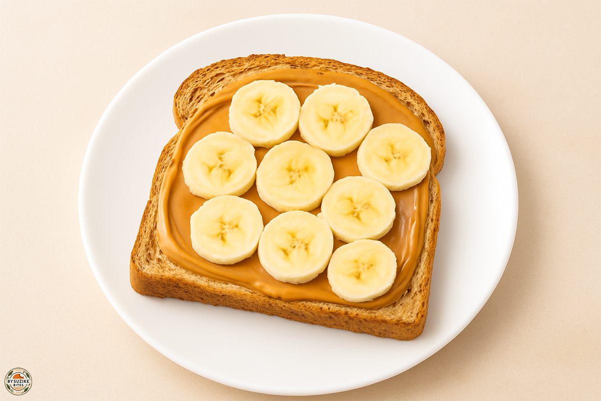 Is peanut butter good for you? Peanut butter toast with banana slices on a white plate