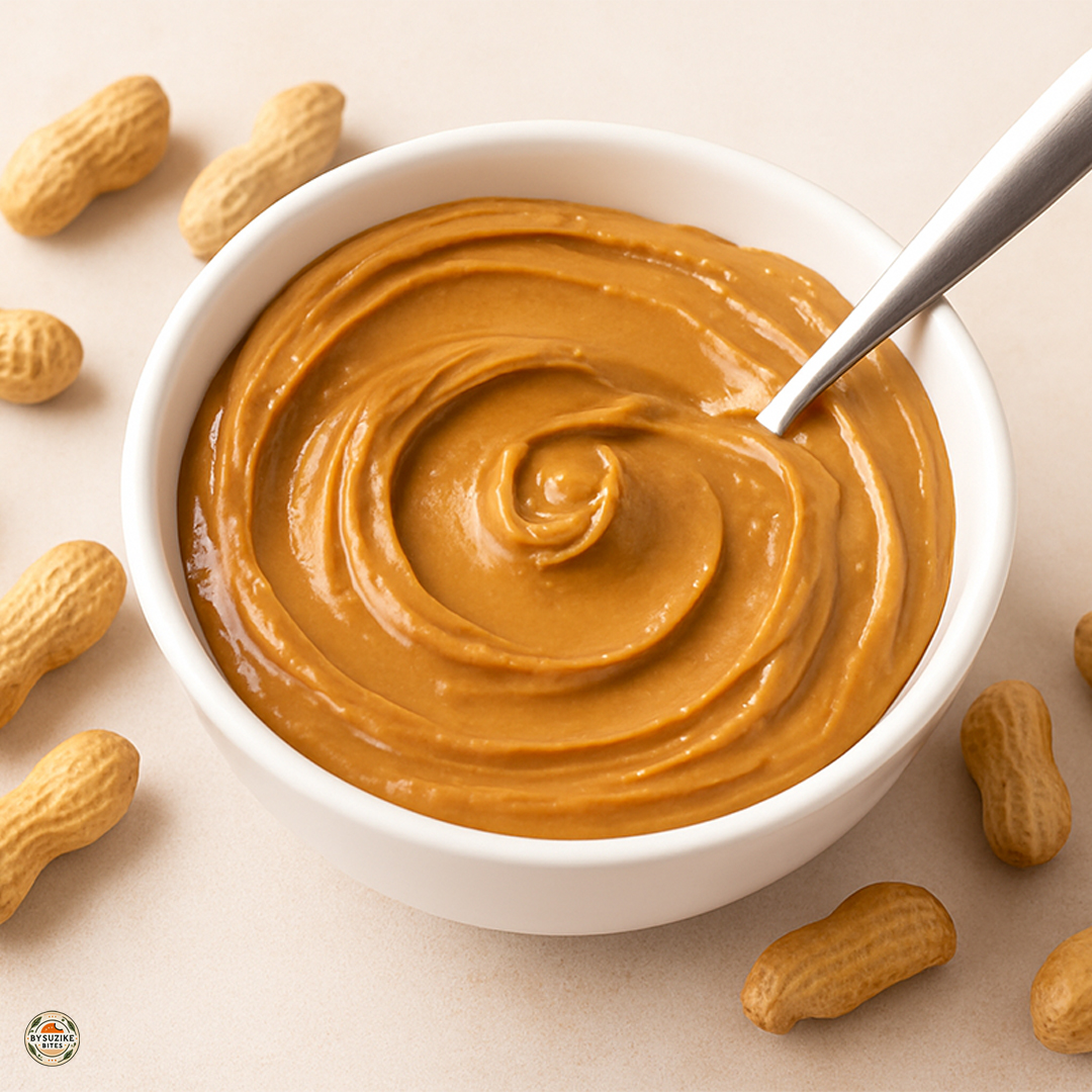 Is peanut butter good for you? Bowl of peanut butter with a spoon and peanuts on a light background