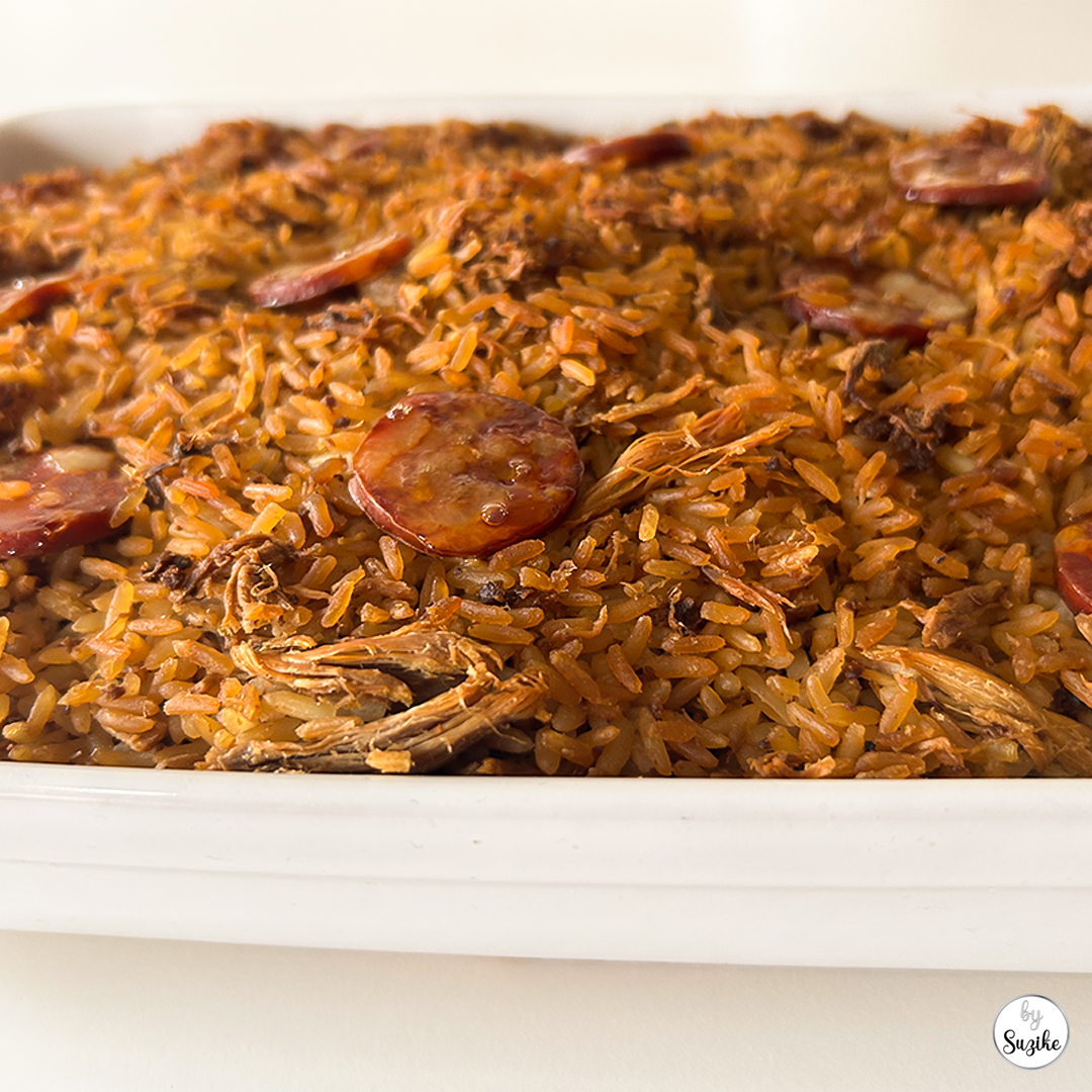 Pingo Doce Christmas dinner review Portugal, close up of arroz de pato with crispy top layer.