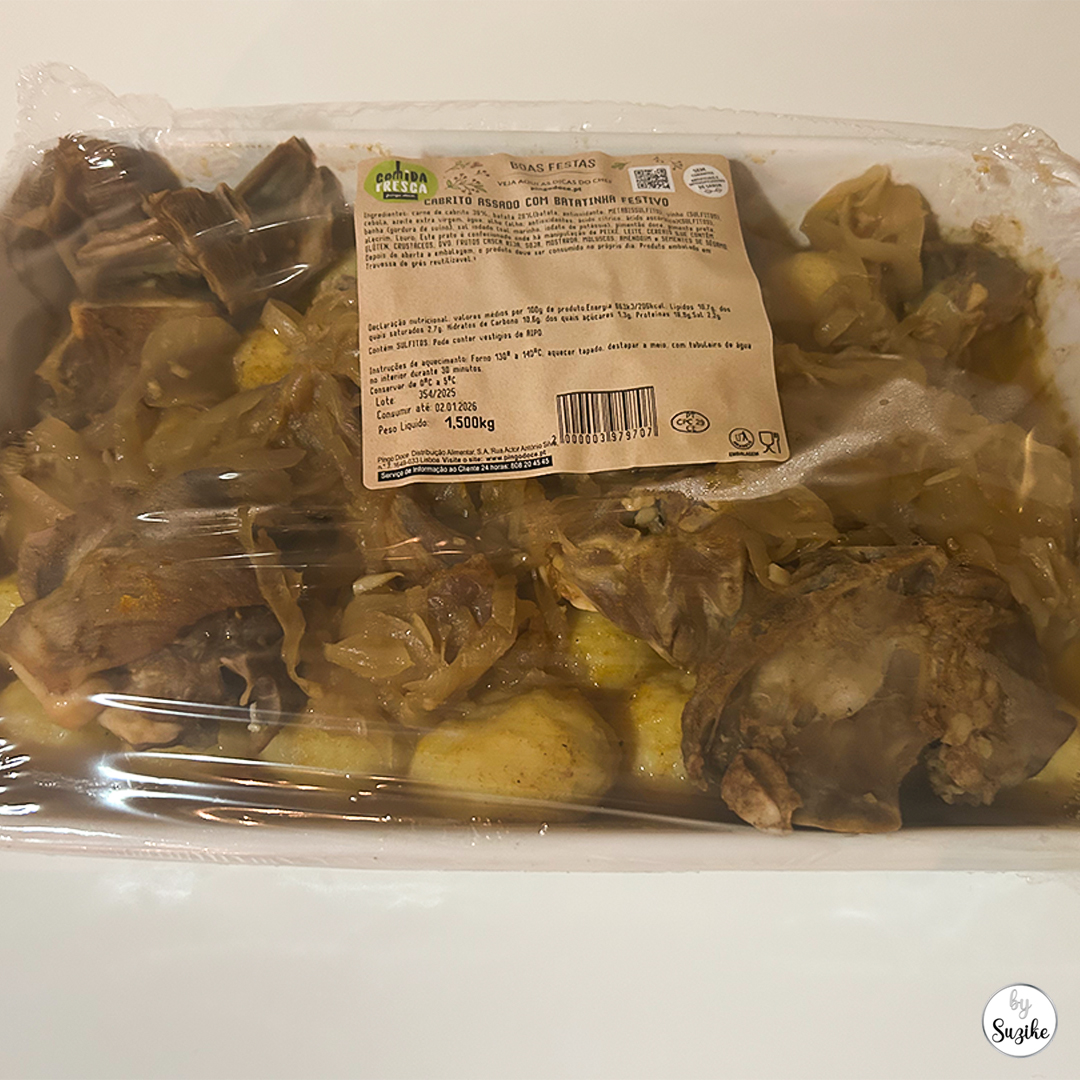 Pingo Doce Christmas dinner review Portugal, cabrito assado tray delivered and still packaged.