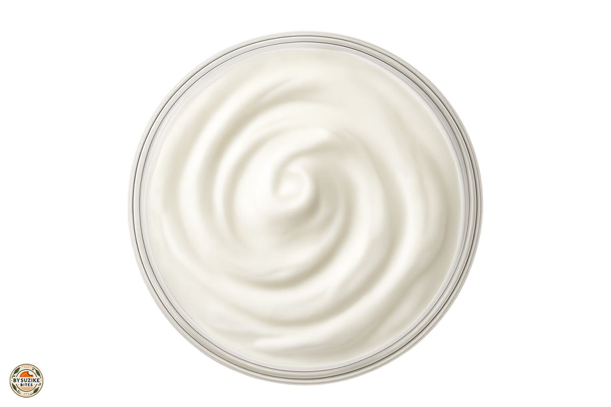 Plain Greek yogurt top view, a simple low carb option when choosing unsweetened yogurt.
