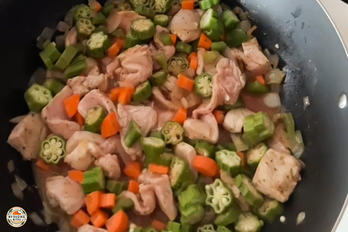 Step 10: Adding pork, okra and vegetables to the pan