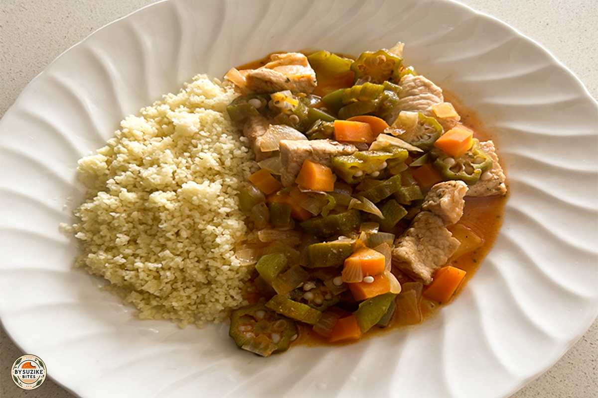 Step 13: Final pork and okra dish served with couscous