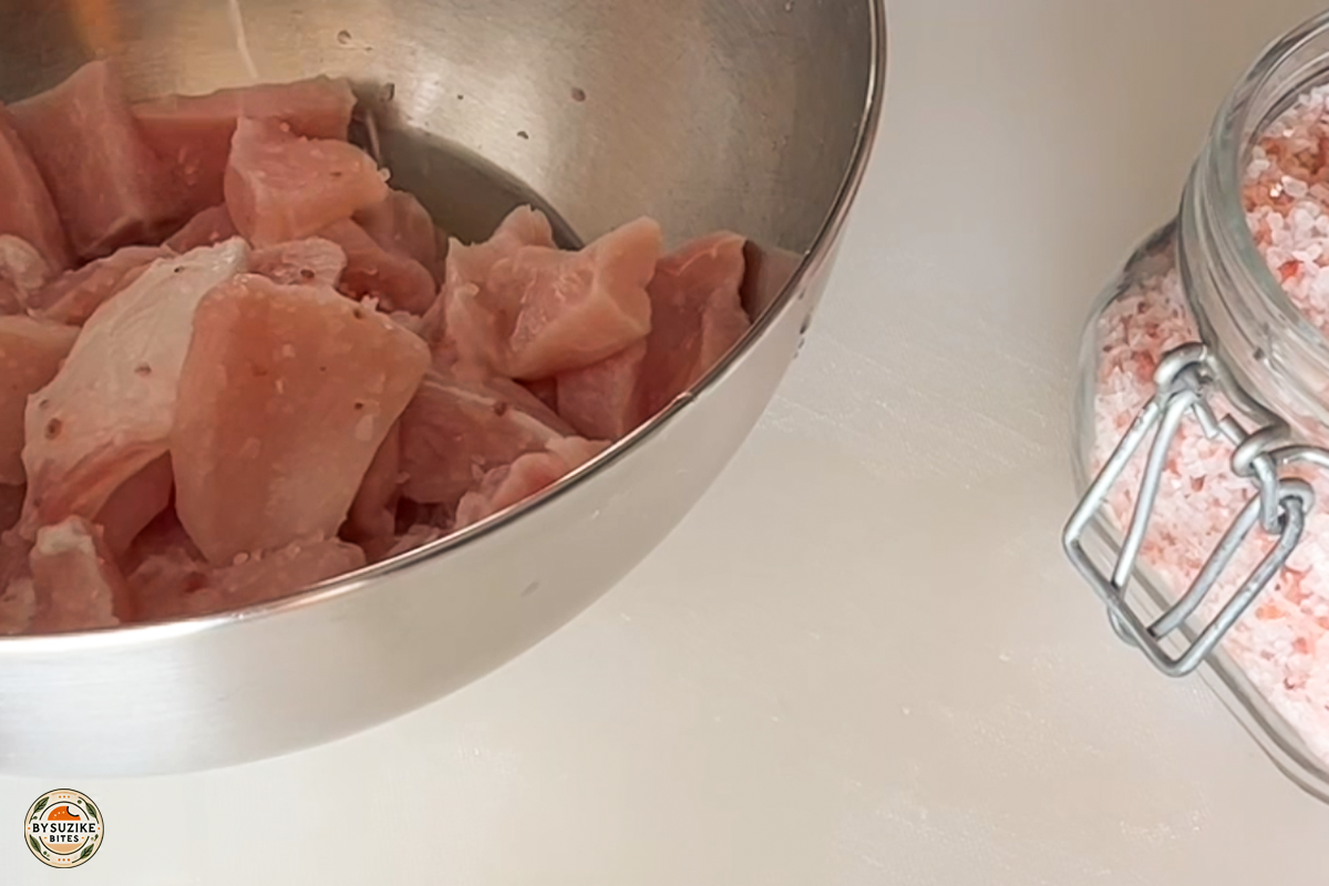 Step 3: Bowl of pork seasoned with spices, ready to marinate
