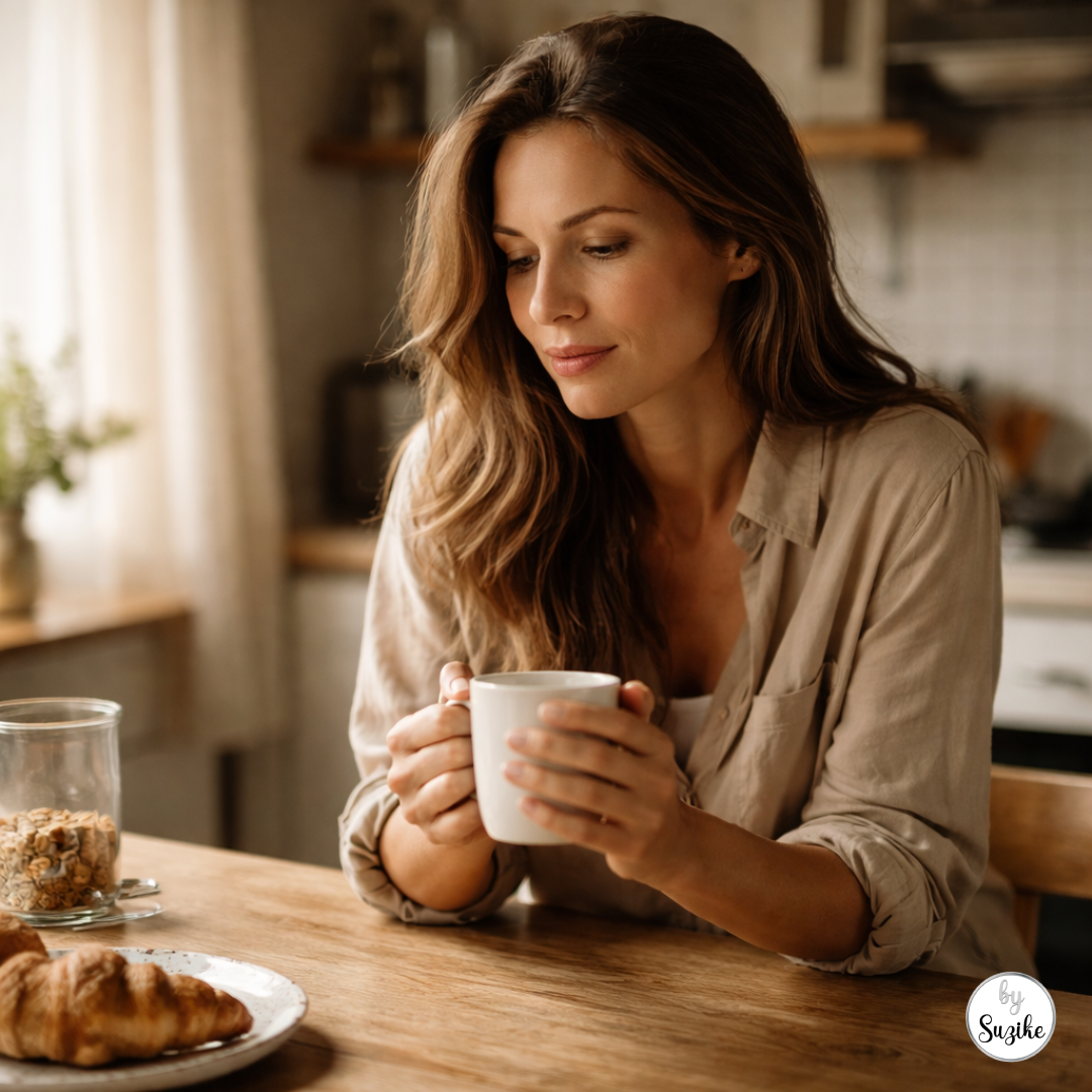 Thoughtful woman holding a coffee mug at a kitchen table in natural morning light for a post about sex without love