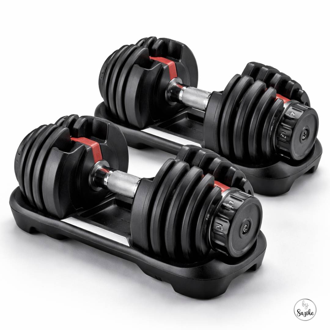 Adjustable dumbbells vs fixed dumbbells: pair of adjustable dumbbells on base trays.