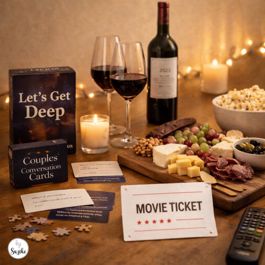 Cozy date night flat lay with conversation card game, wine, candles, charcuterie board, popcorn, movie ticket, puzzle pieces, and a TV remote on a warm lit table.
