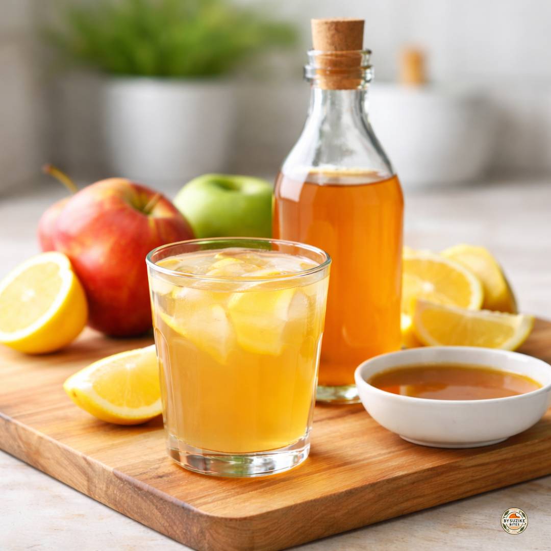 Glass of diluted apple cider vinegar drink with ice and lemon on a wooden board, with fresh apples and a vinegar bottle in the background.